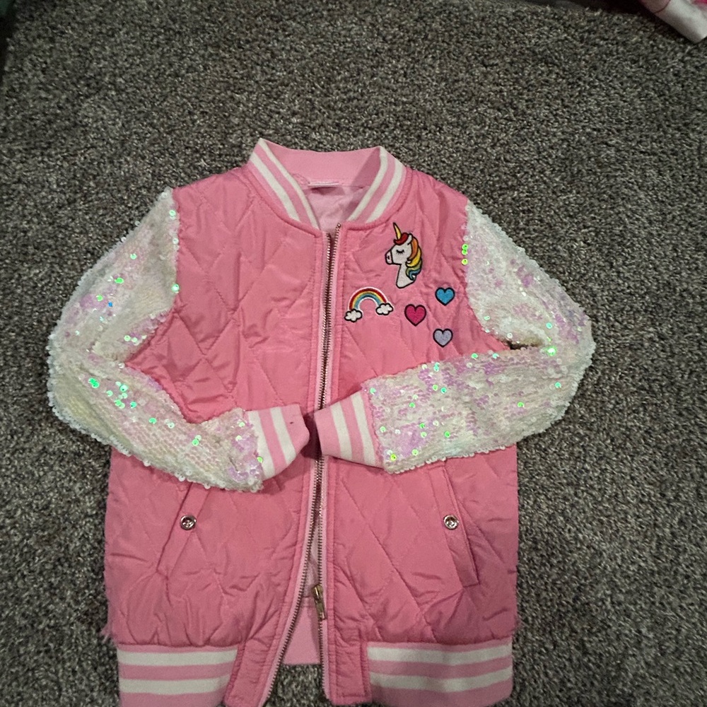 Girls Pink Sequin-Sleeve Unicorn Bomber Jacket